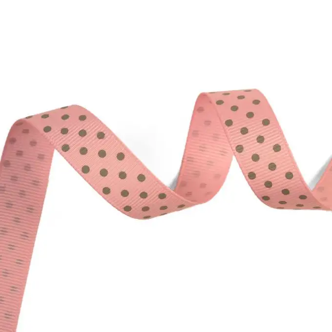 Nastro gros grain rosa con pois grigi