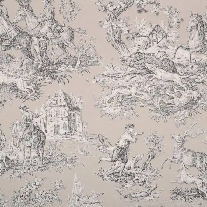 Tessuto cotone stampato toile de jouy Bien Aller beige