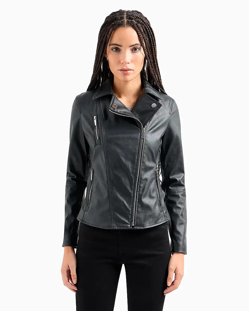 Giacca chiodo nero in similpelle con incrocio frontale e cerniere