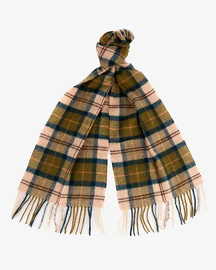 Sciarpa Barbour in tartan check beige e verde militare in pura lana