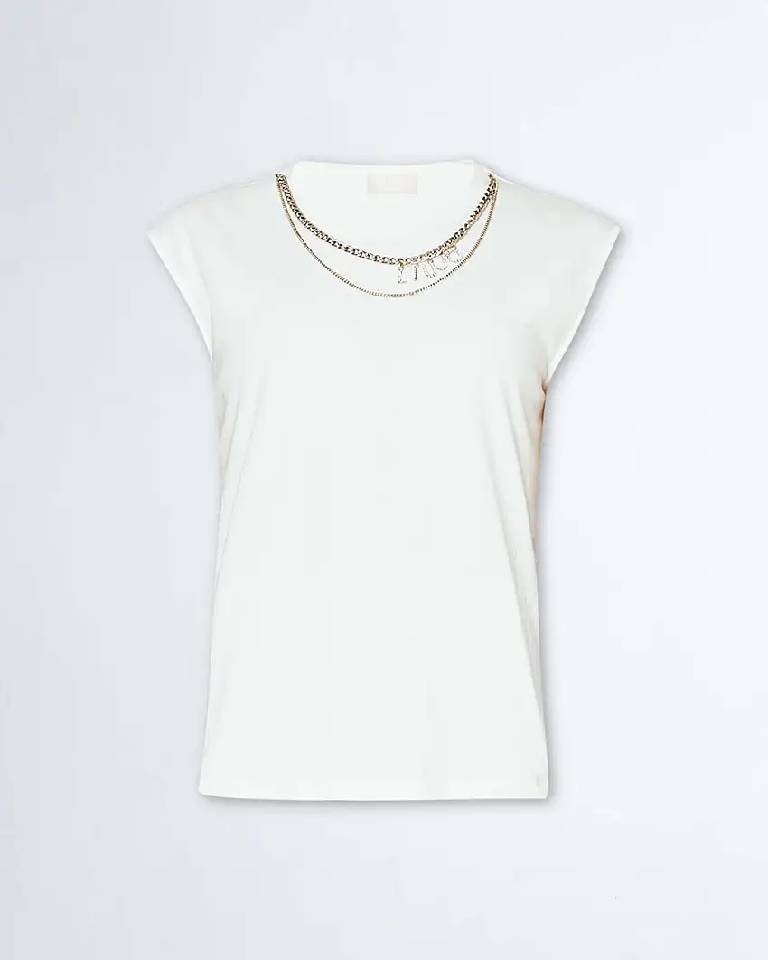 T-shirt bianca in cotone stretch con catenella logata applicata
