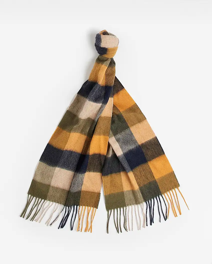 Sciarpa Barbour in fantasia check ocra blu e verde militare in pura lana