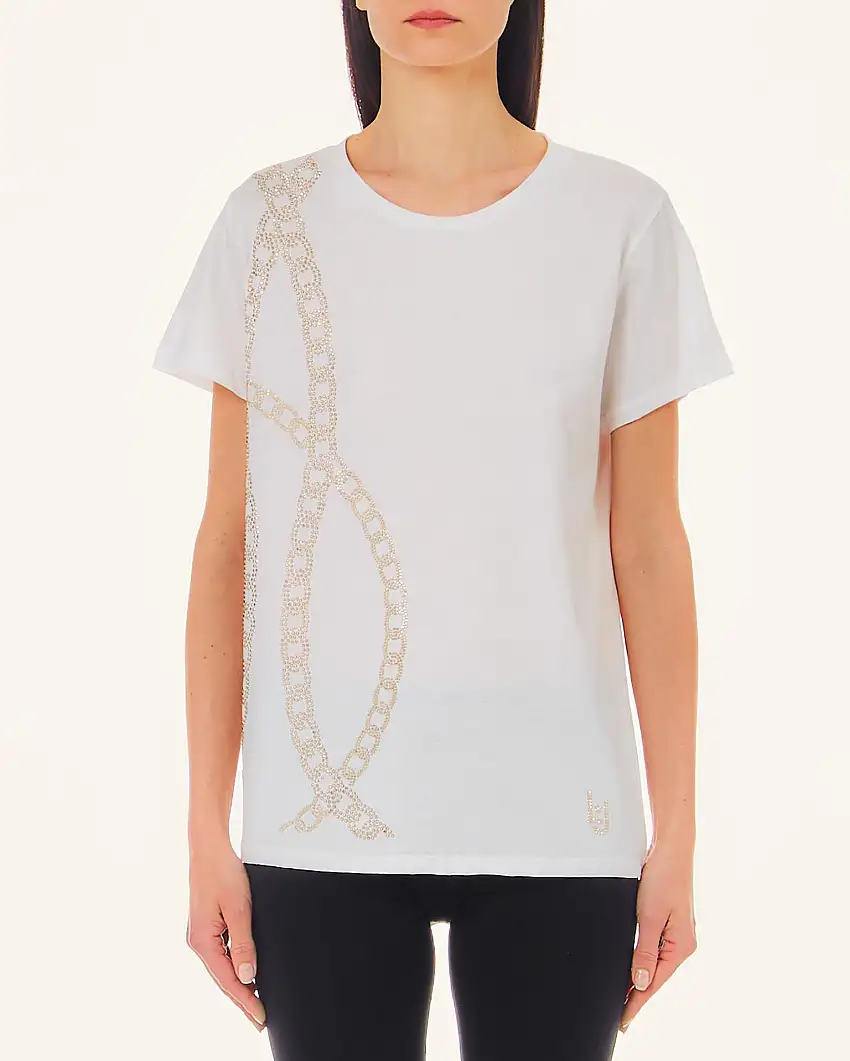 T-shirt bianca in cotone con motivo a catena in strass dorati lungo il fianco