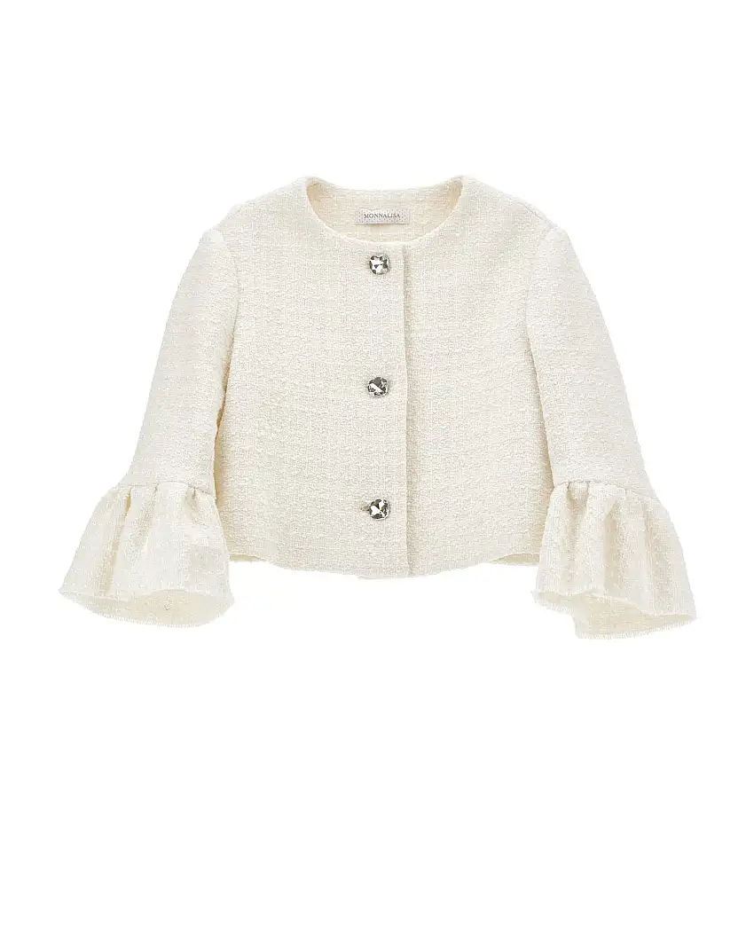 Giacca color panna bouclé con bottoni gioiello e maniche a campana