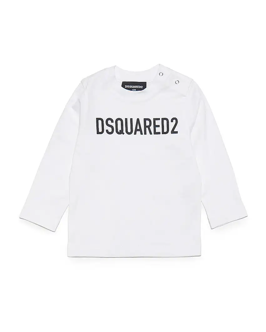 T-shirt Dsquared bianca in cotone a maniche lunghe con scritta logo nera e bottoncini sulla spalla