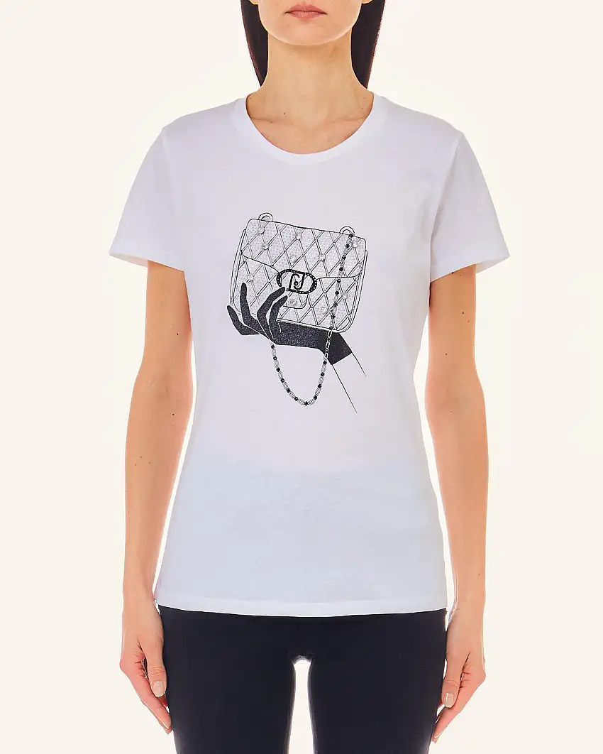 T-shirt bianca in cotone con disegno borsa nera e strass applicati