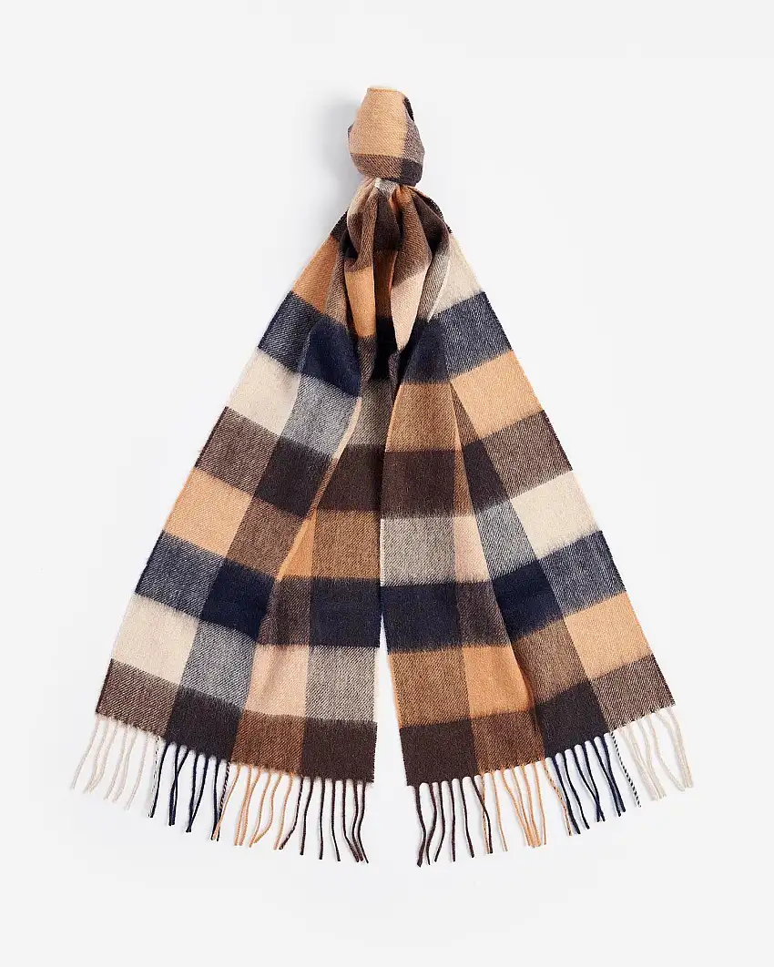 Sciarpa Barbour in fantasia check cammello beige e blu in pura lana