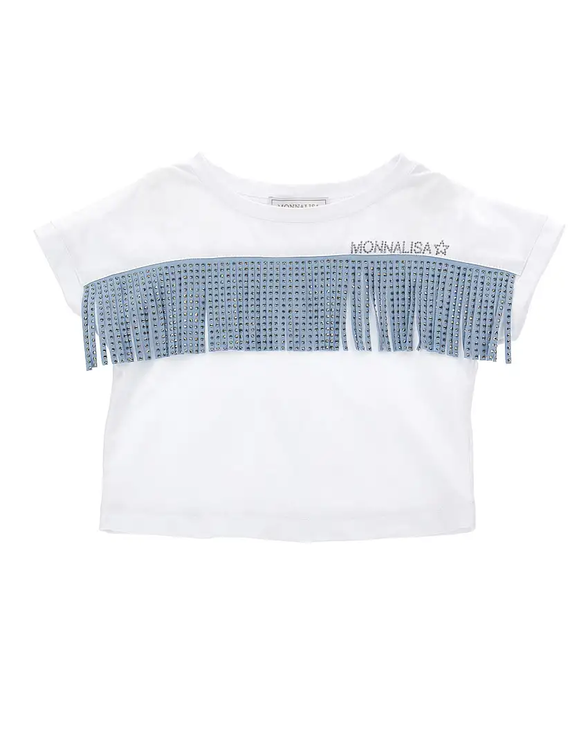 T-shirt bianca cropped a mezza manica con frange azzurre e strass
