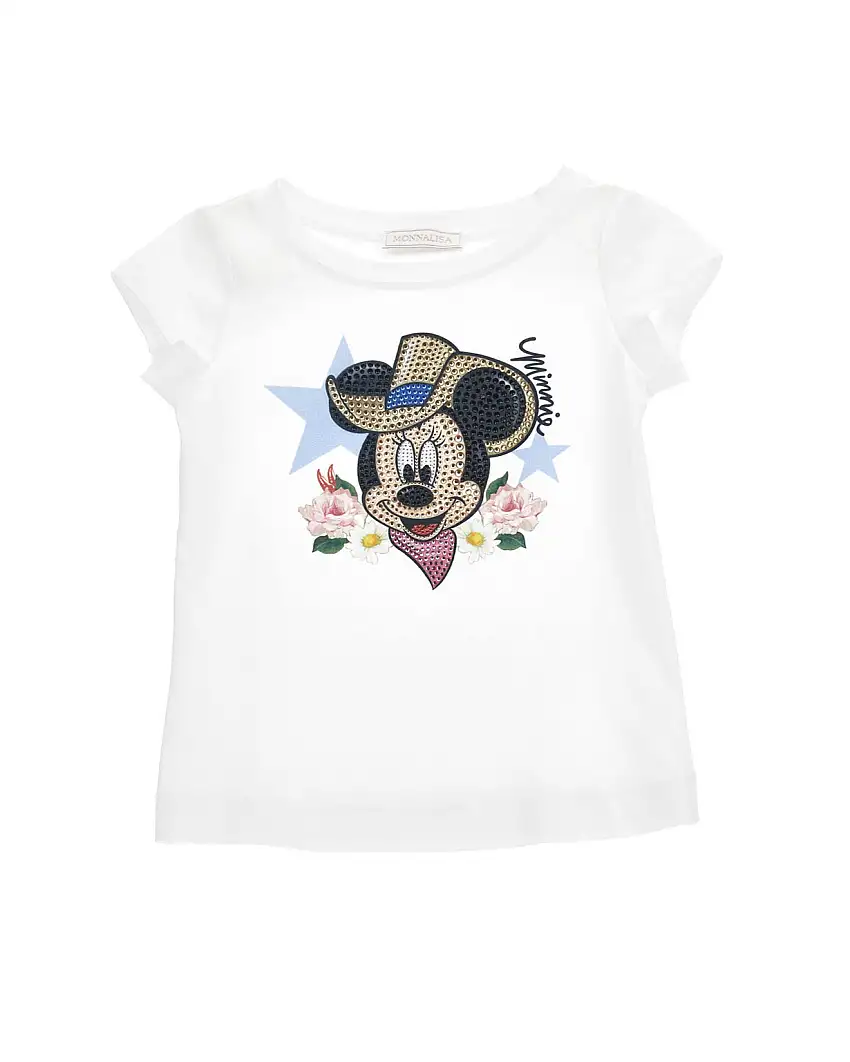 T-shirt bianca in cotone a maniche corte con stampa 'Minnie rodeo' con strass