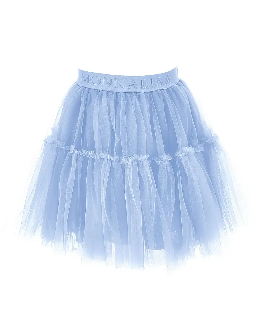 Gonna Monnalisa a lunghezza media in tulle azzurro con balze