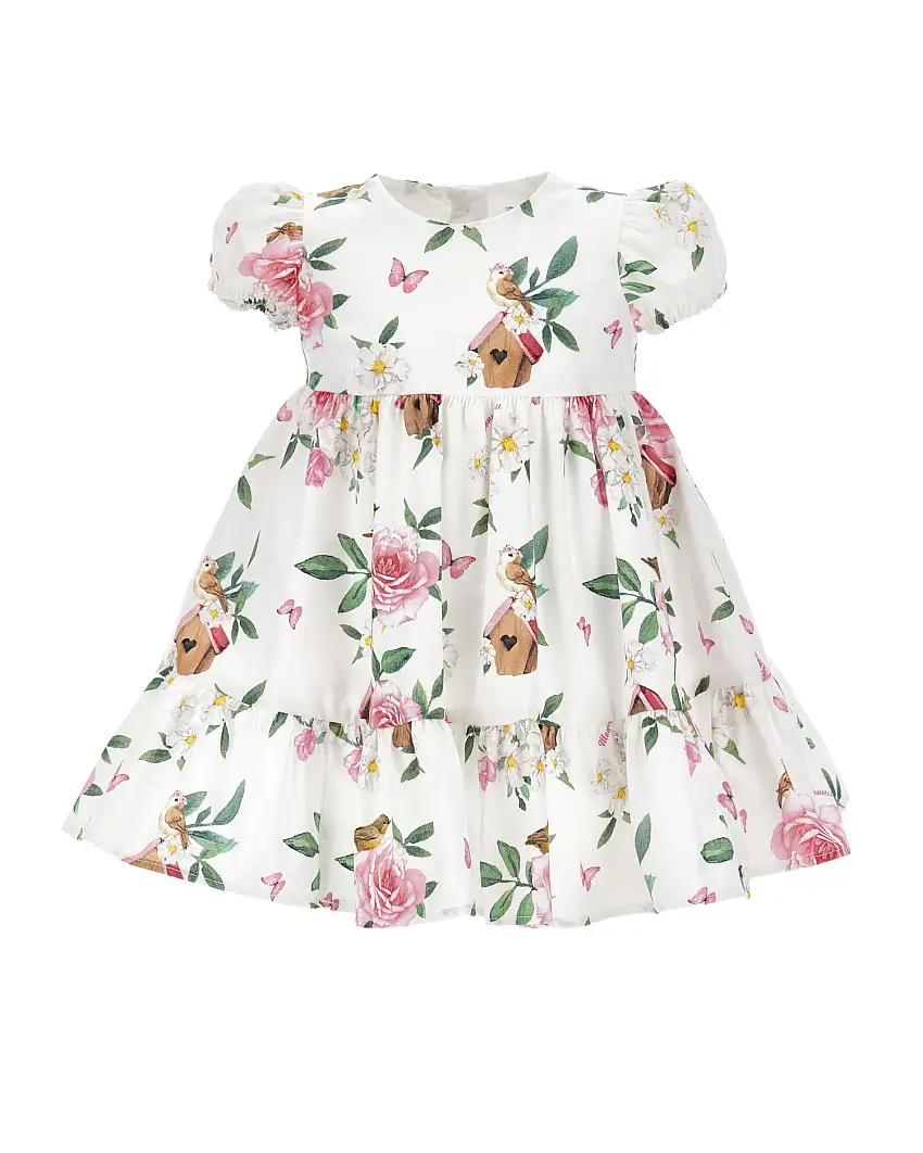 Abito fit and flare in cotone bianco a fantasia floreale rosa e verde con maniche corte a palloncino