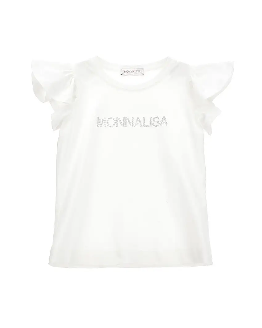 T-shirt bianca in cotone stretch con maniche corte ad aletta e logo in strass 4-10 anni