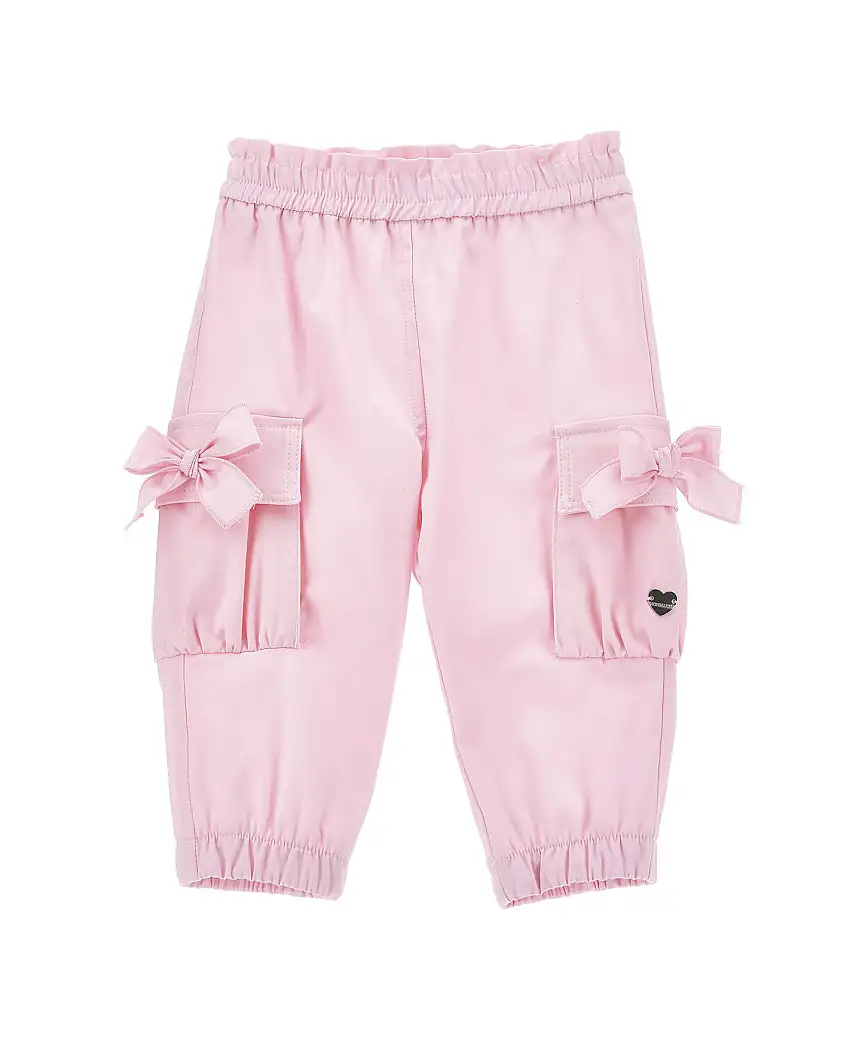 Pantalone cargo rosa in cotone stretch con fiocchi in tono