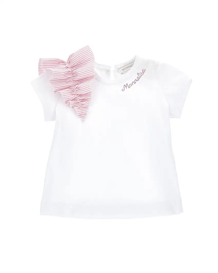 T-shirt bianca in cotone a maniche corte con maxi rouche in fantasia a righe rosa