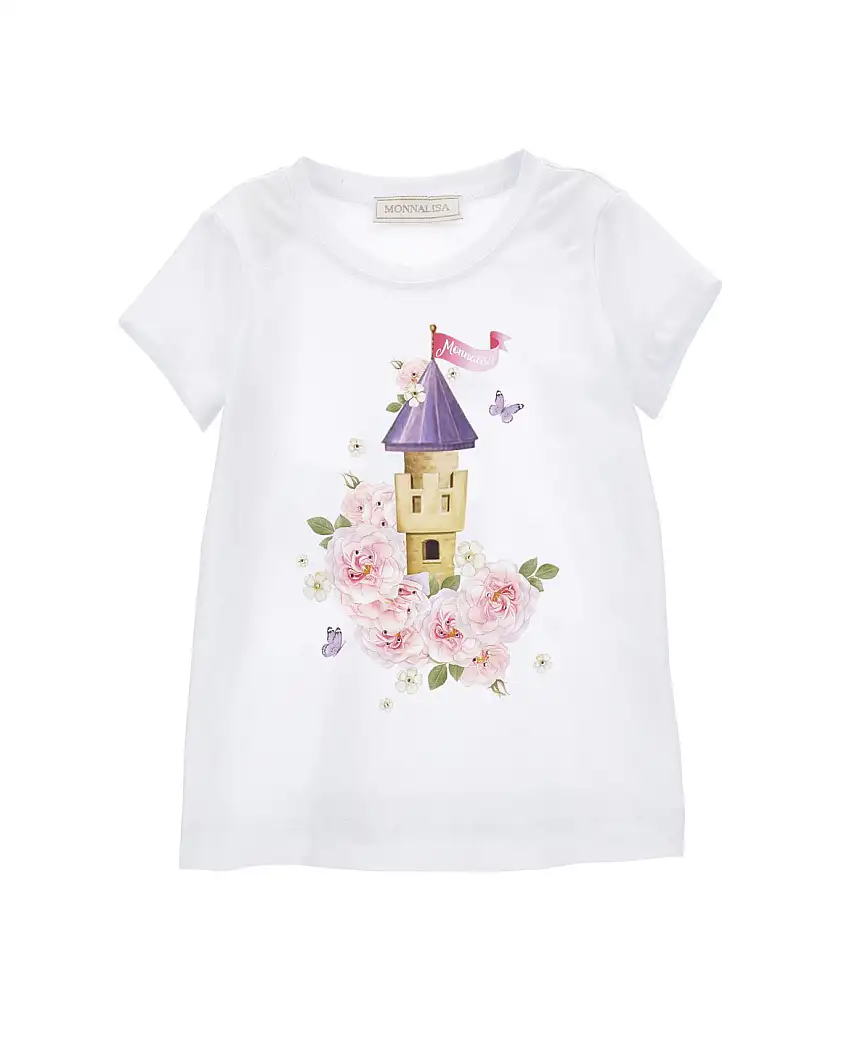 T-shirt bianca in cotone stretch con maxi stampa castello Rapunzel