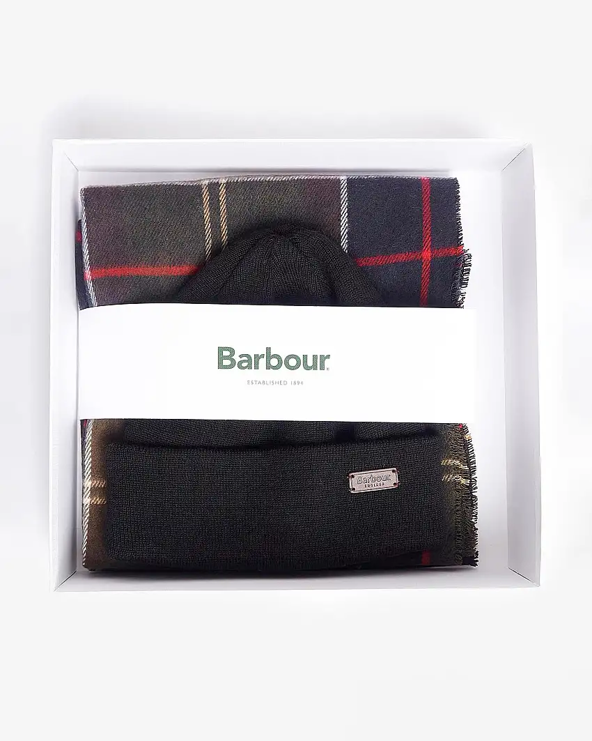 Cofanetto Barbour idea regalo composto da sciarpa tartan check militare e blu e berretto nero