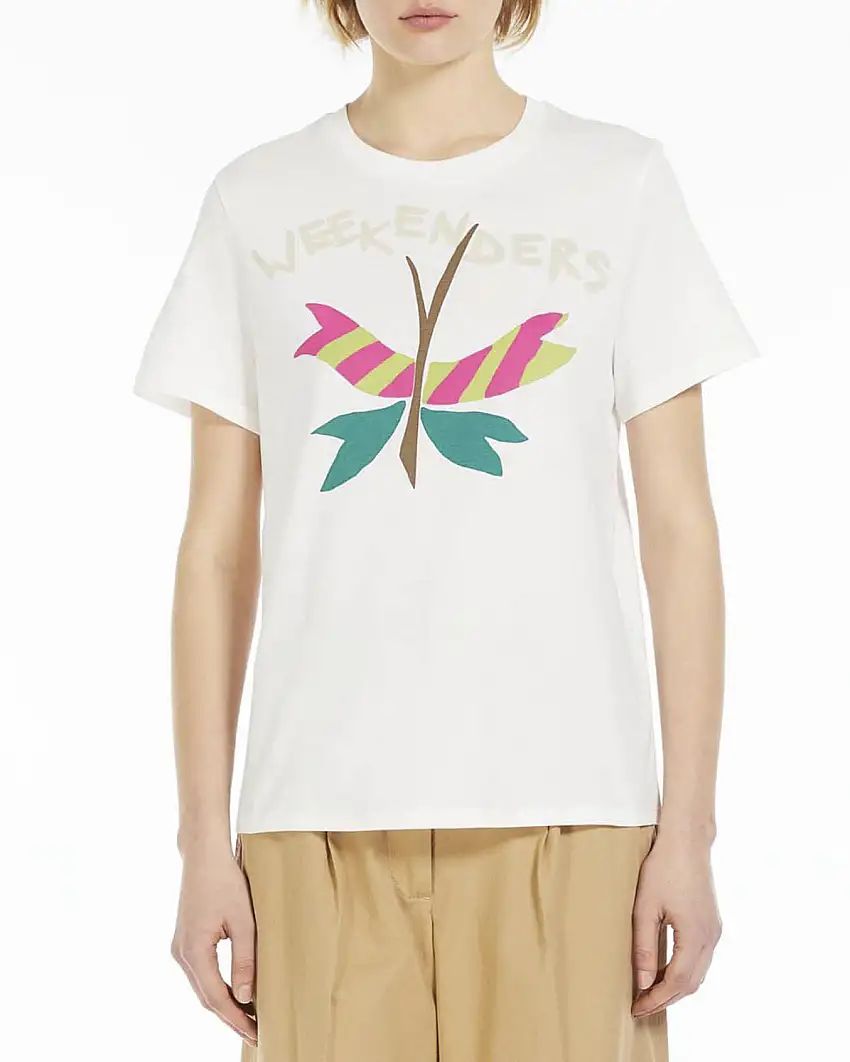 T-shirt bianca in cotone con scritta Weekenders e disegno a farfalla multicolore