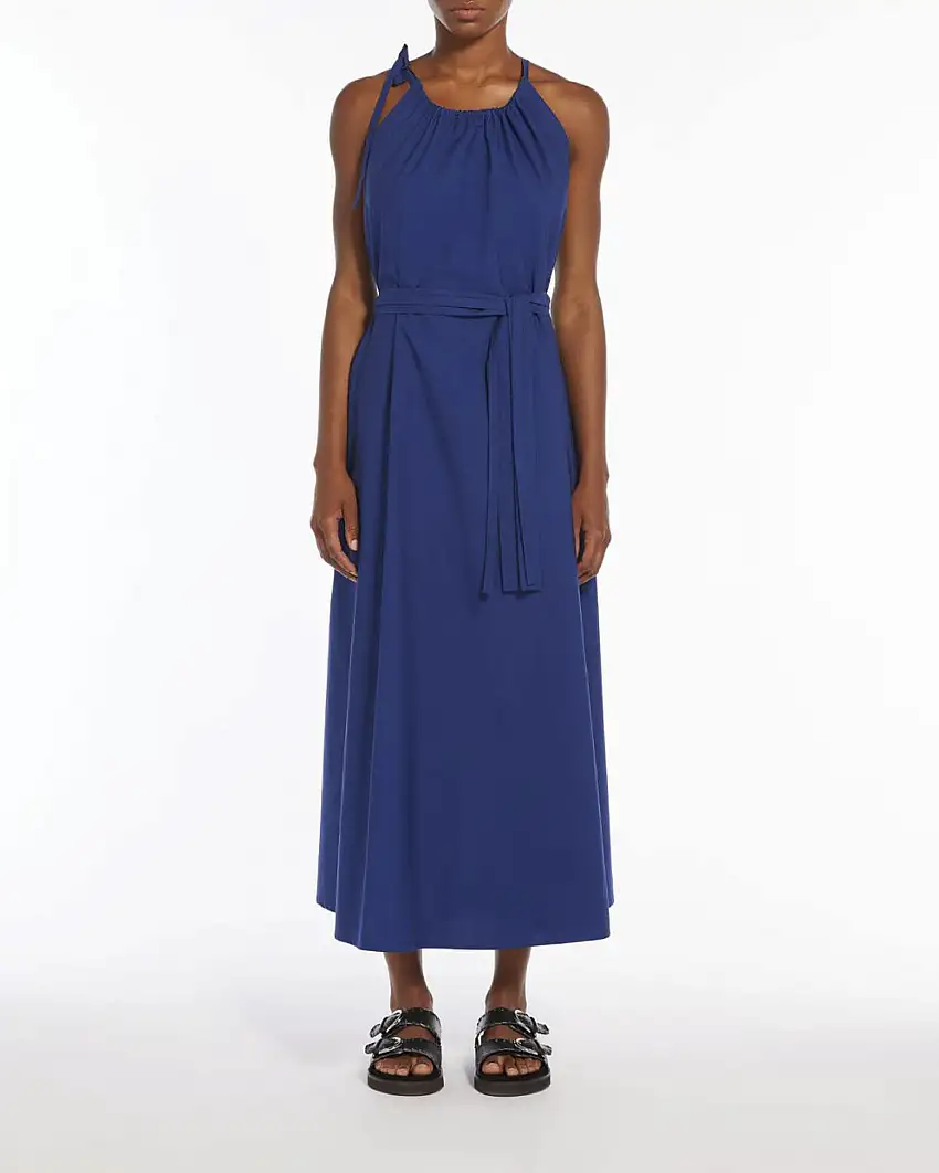 Abito lungo bluette in cotone con scollo all'americana con spalline a regolabili