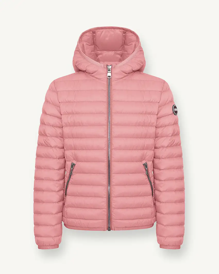 Piumino rosa con cappuccio in nylon leggero imbottito in piuma