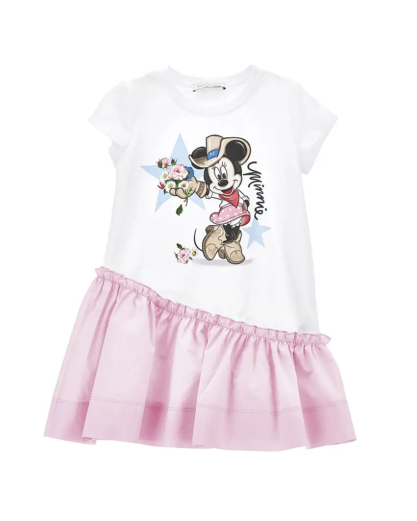 Abito bianco a maniche corte con maxi stampa 'Minnie rodeo' e volant rosa