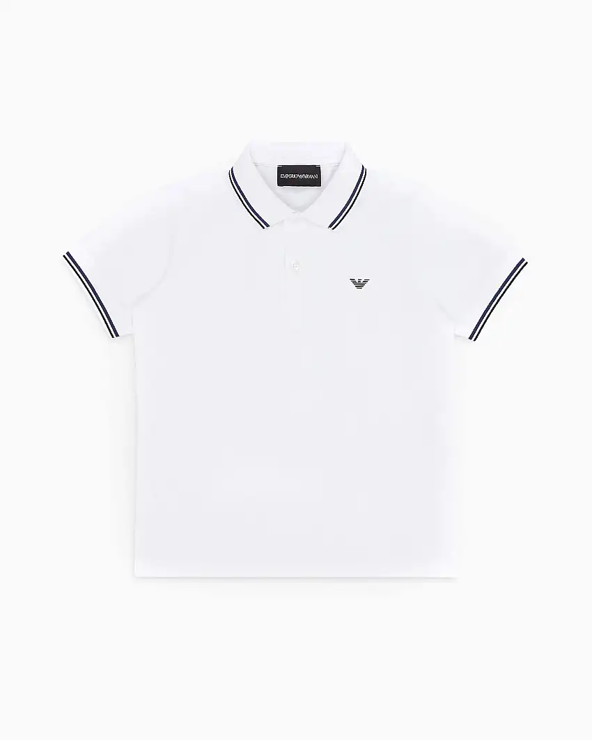 Polo bianca mezza manica in cotone stretch con bordino blu e nero