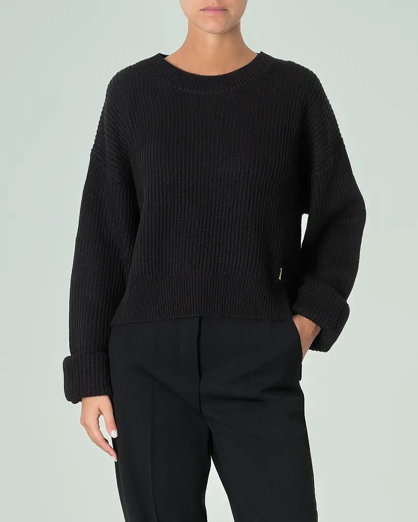 Maglia nera cropped a coste in misto lana con maniche lunghe e spacchi laterali