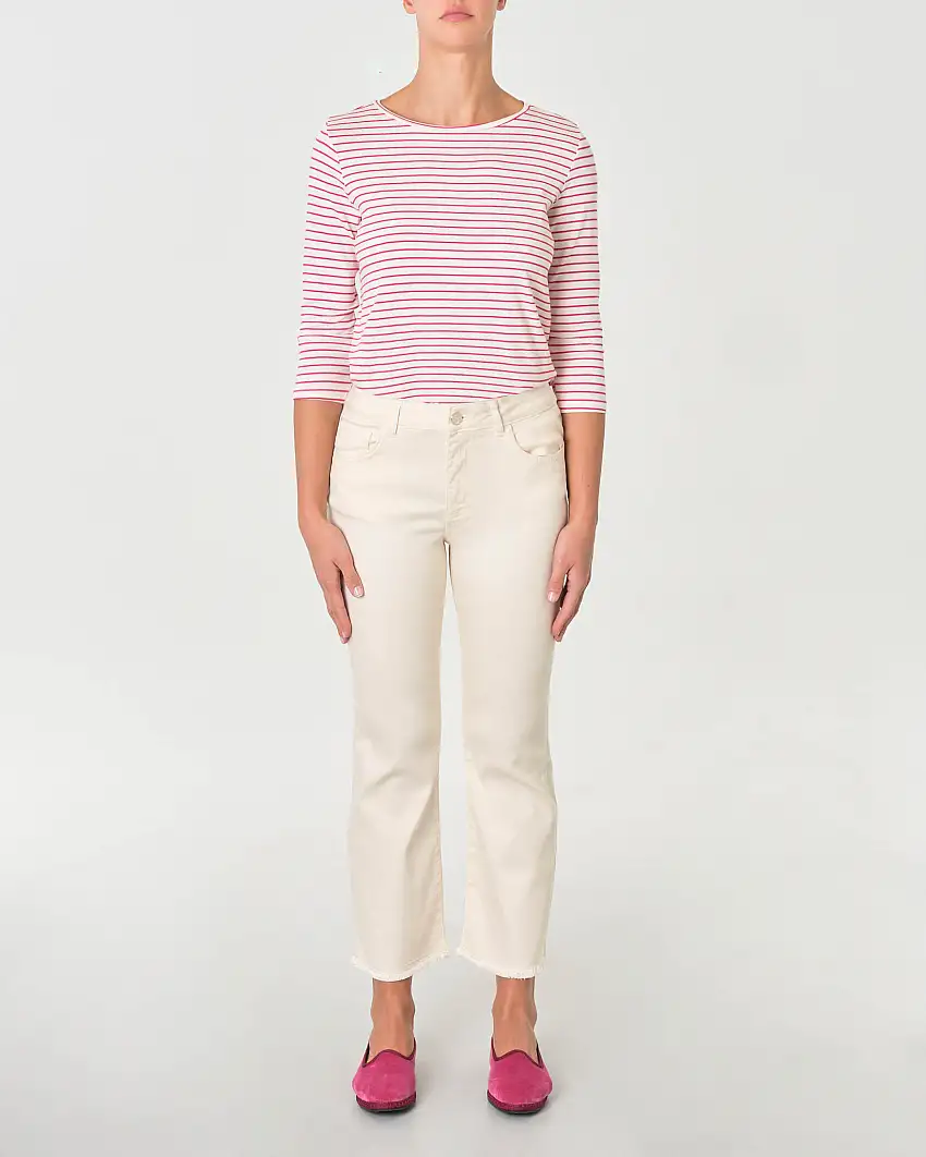 Pantaloni cinque tasche color avorio in cotone e lyocell con orli sfrangiati