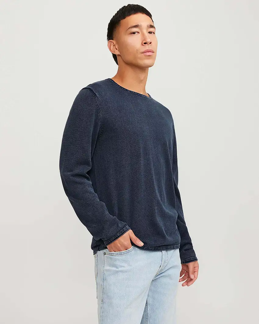 Maglia blu navy in puro cotone con scollo tondo e bordi arrotolati