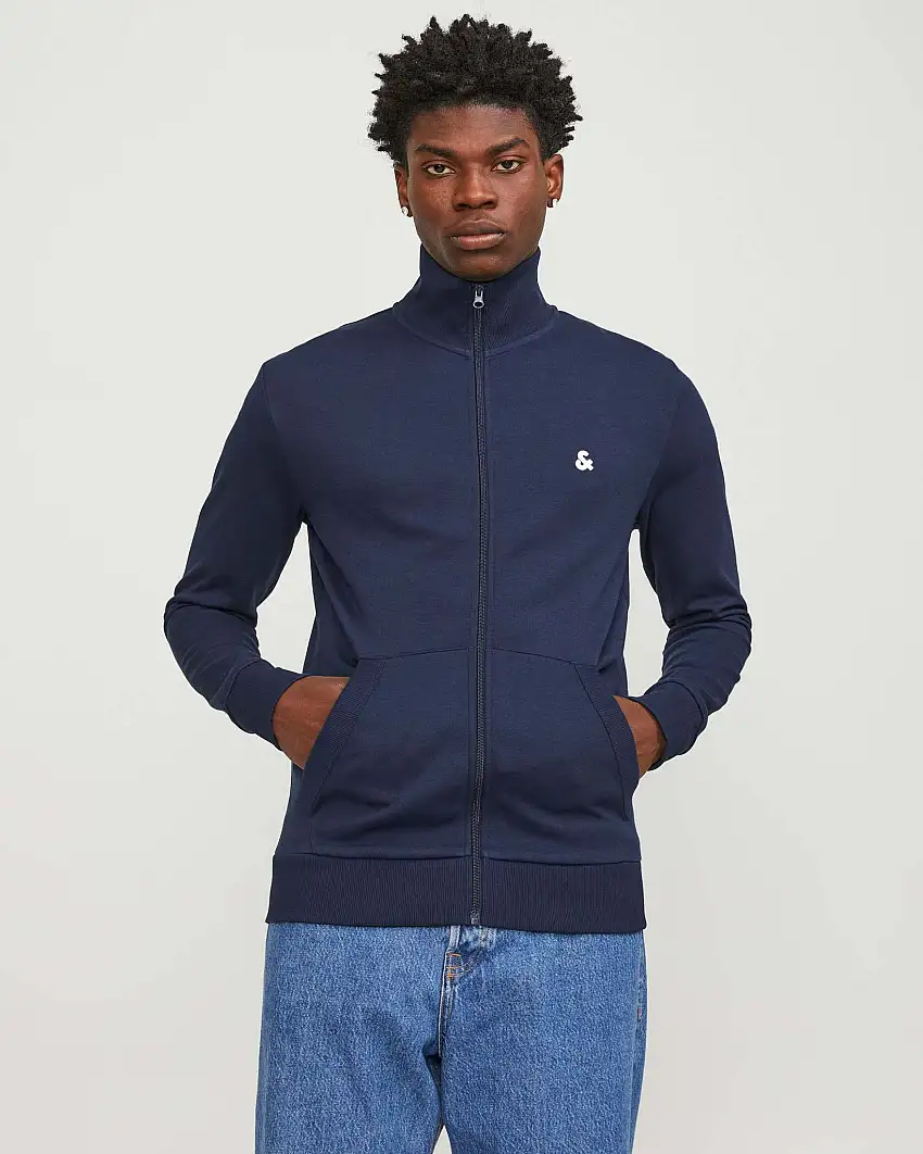 Felpa blu a collo alto in misto cotone con logo ricamato e chiusura a cerniera frontale