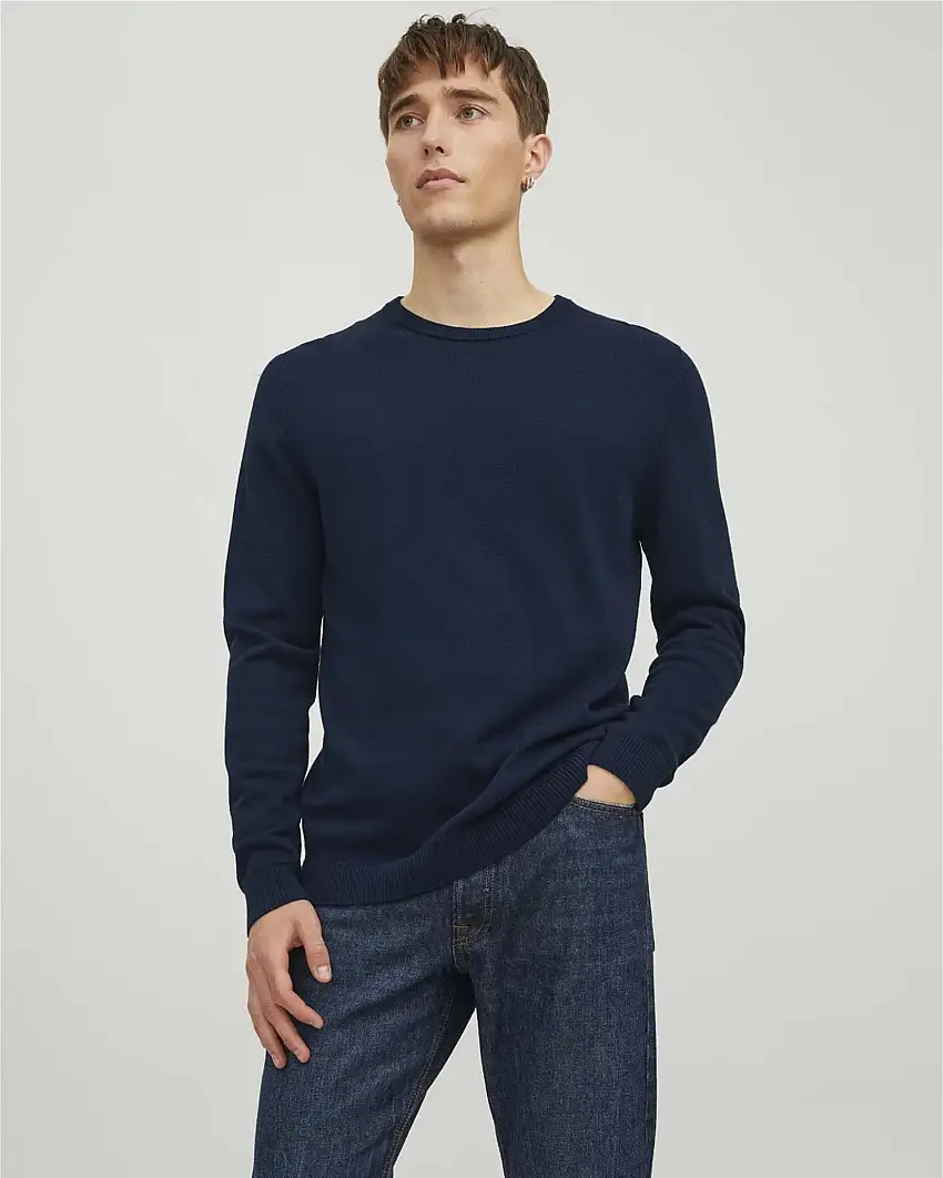 Maglia girocollo blu regular-fit a tinta unita in puro cotone