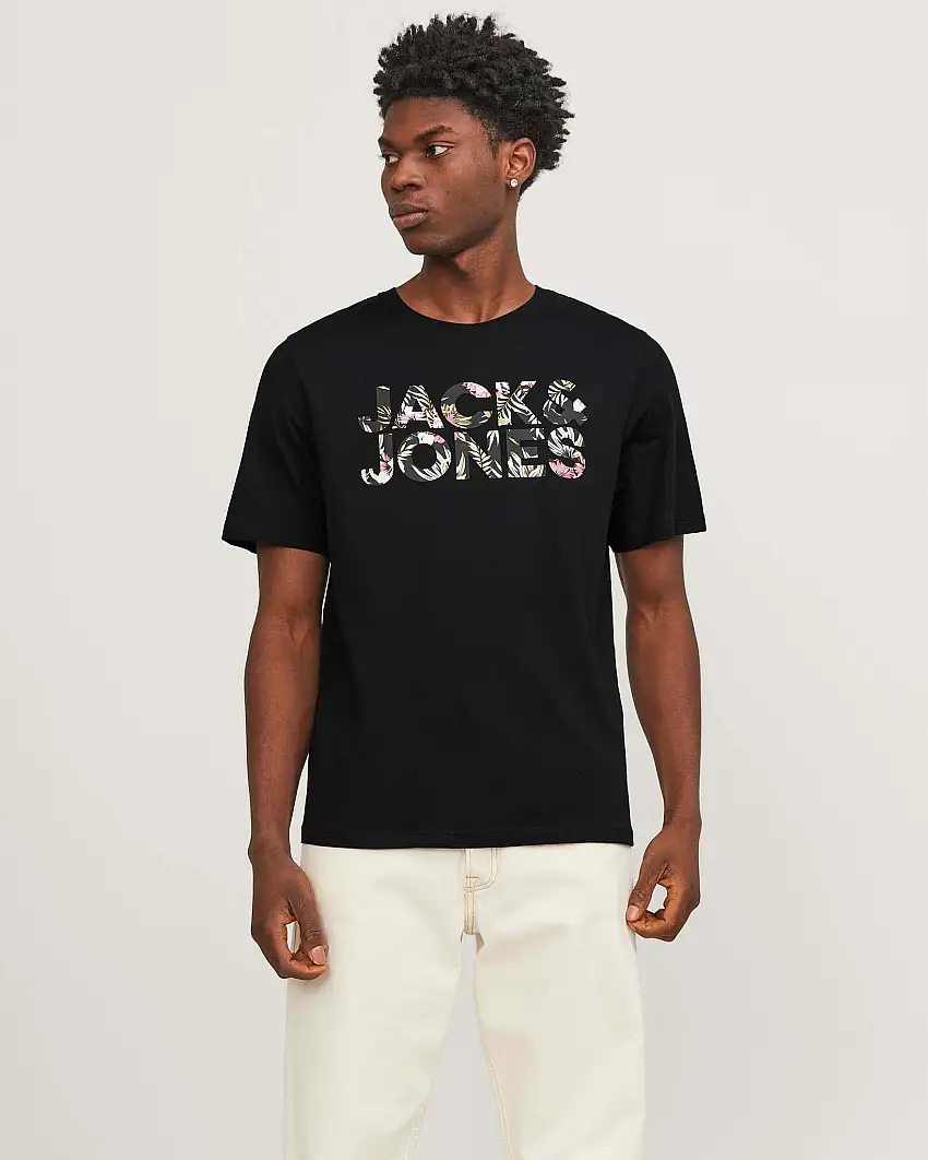 T-shirt nera regular-fit in puro cotone con stampa logo frontale in fantasia floreale