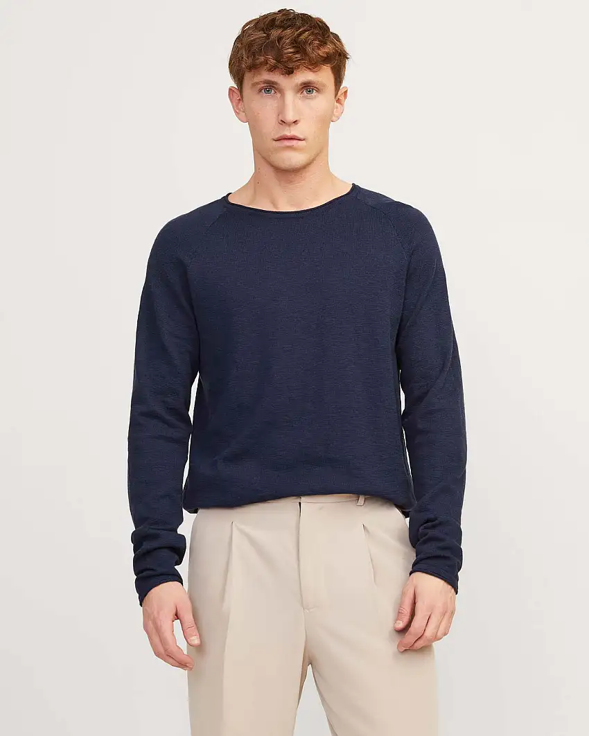 Maglia blu navy in cotone e lino fiammato regular-fit con maniche raglan e bordi arrotolati