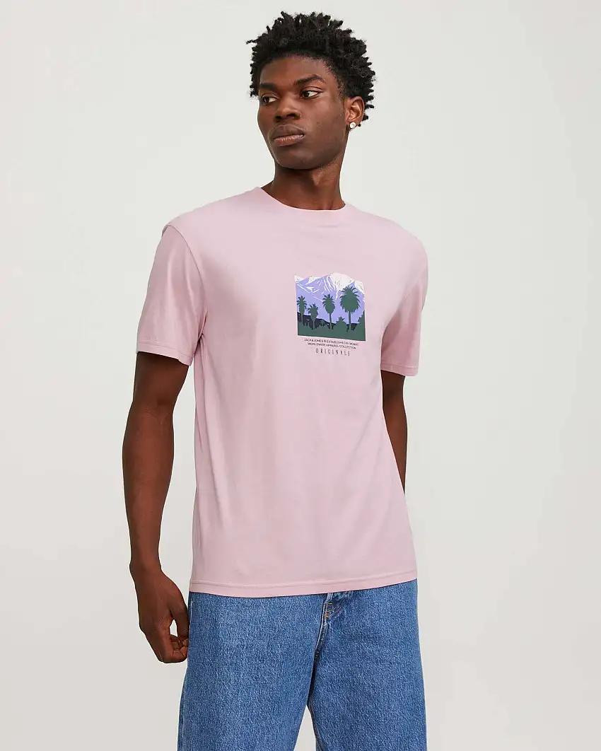 T-shirt rosa relaxed-fit in puro cotone con stampa grafica paesaggio frontale