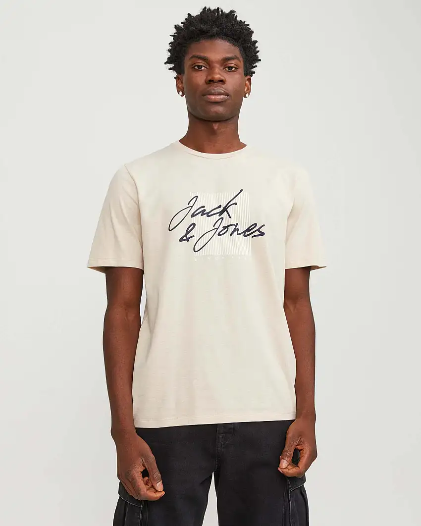 T-shirt beige regular-fit in puro cotone con stampa logo firma e barcode in tono