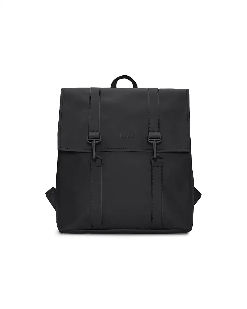 Zaino Msn Bag Mini Rains nero in tessuto tecnico impermeabile effetto gommato con doppia chiusura a cartella e moschettoni