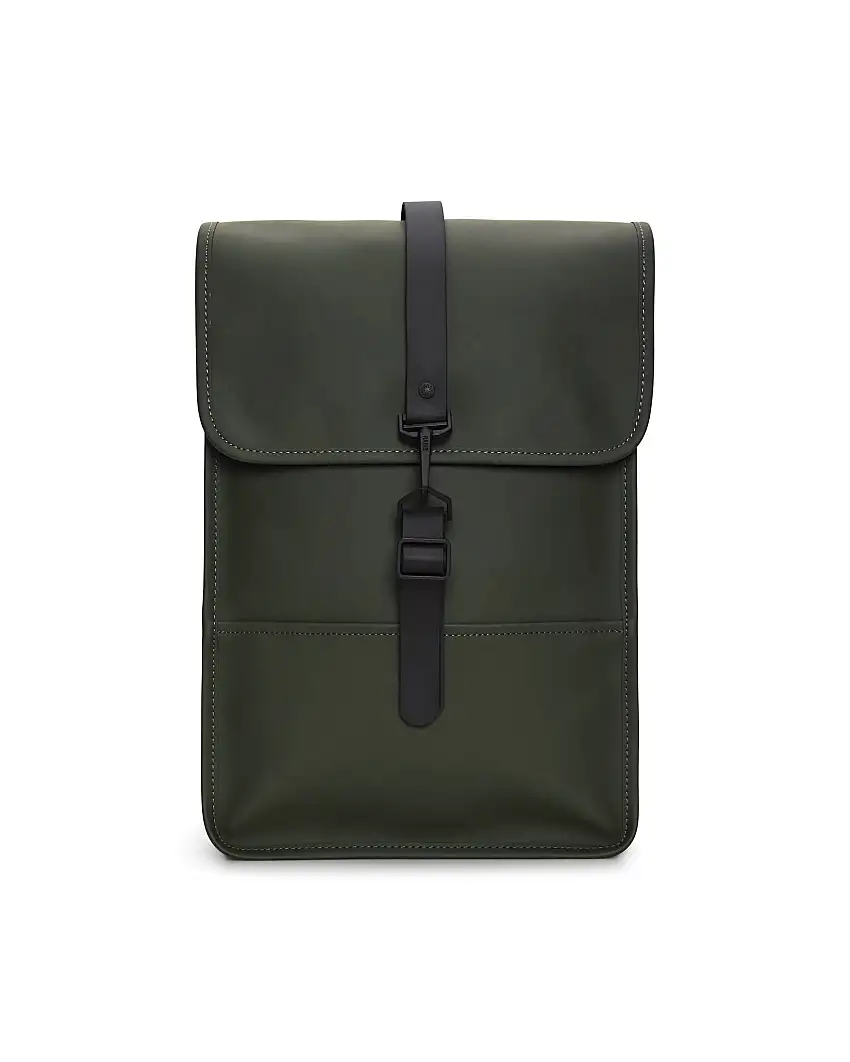 Zaino Backpack Mini verde militare dalla linea rettangolare con tasca frontale e chiusura a moschettone