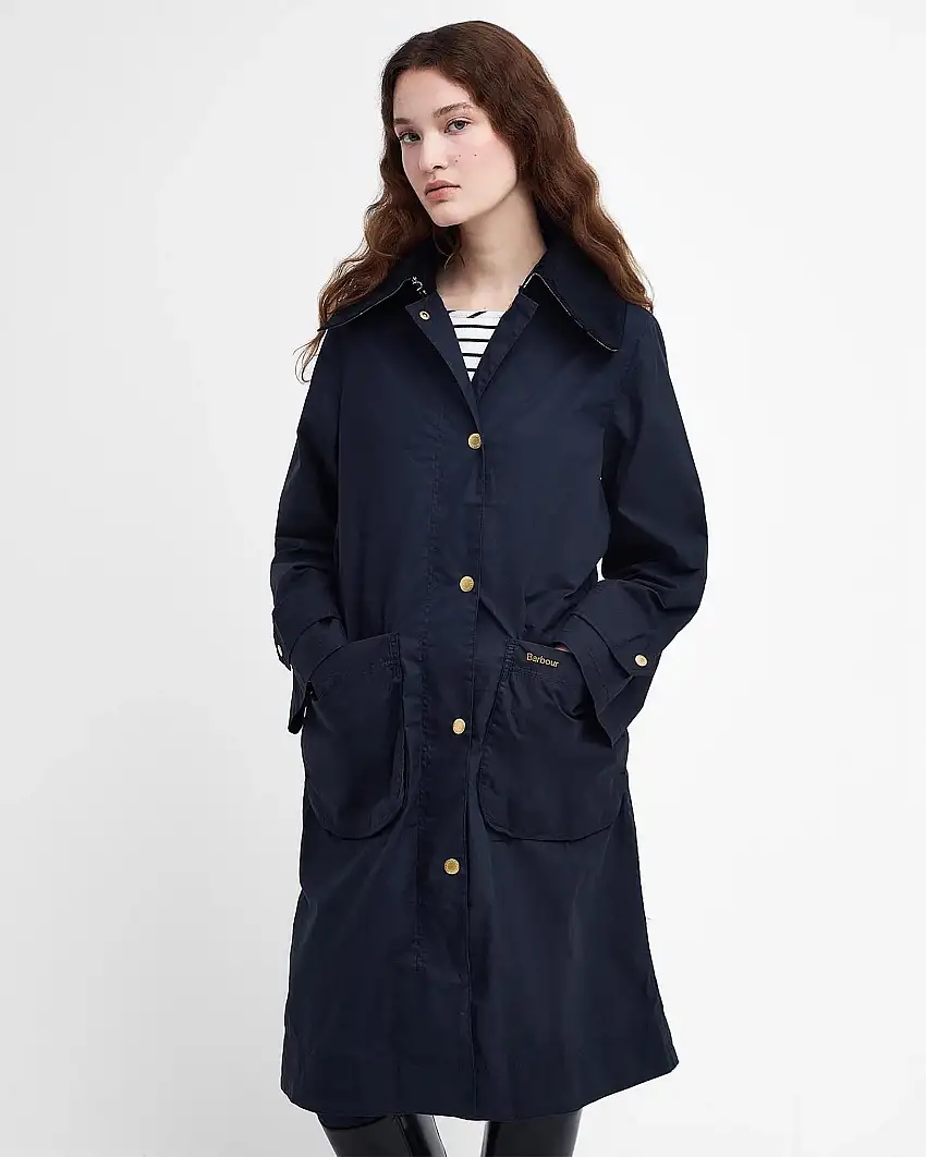 Impermeabile lungo blu Paxton in cotone con maxi tasche latearali e colletto oversize a coste sottili