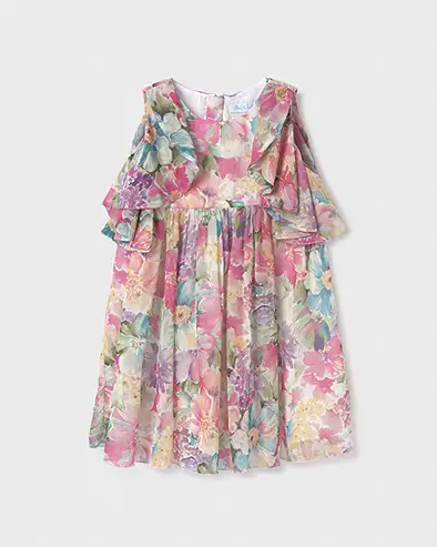 Abito corto senza maniche con volants e stampa floreale multicolor