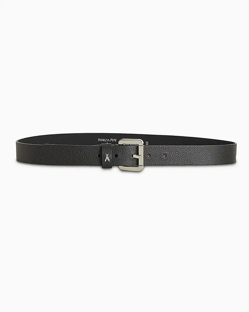 Cintura nera in pelle con fibbia argento e scritta logo impressa e Fly 2,5 cm