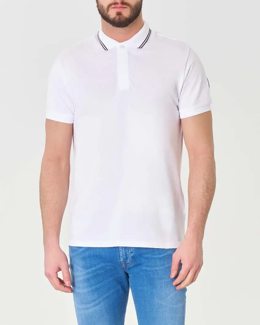 Polo bianca mezza manica in piquè con abbottonatura coperta e bordino grigio bianco e bordeaux