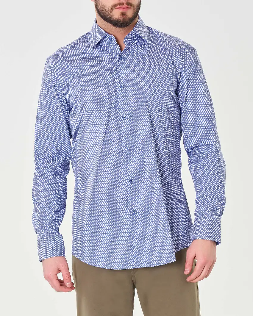 Camicia celeste Hank slim fit in cotone stretch fantasia quadretto con colletto Kent