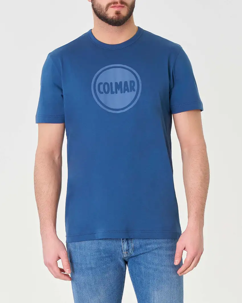 T-shirt mezza manica blu royal con logo bollo stampato tono su tono sul petto