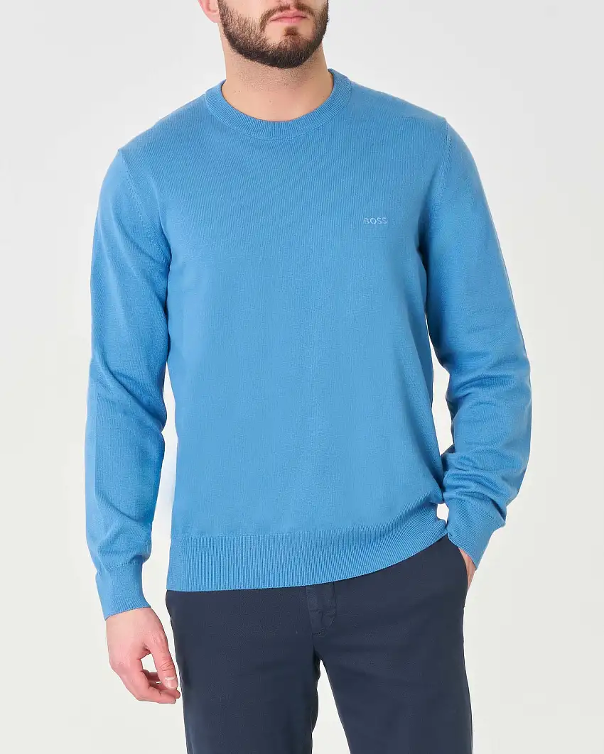 Maglia girocollo regular fit celeste in puro cotone con logo ricamato in tono sul petto