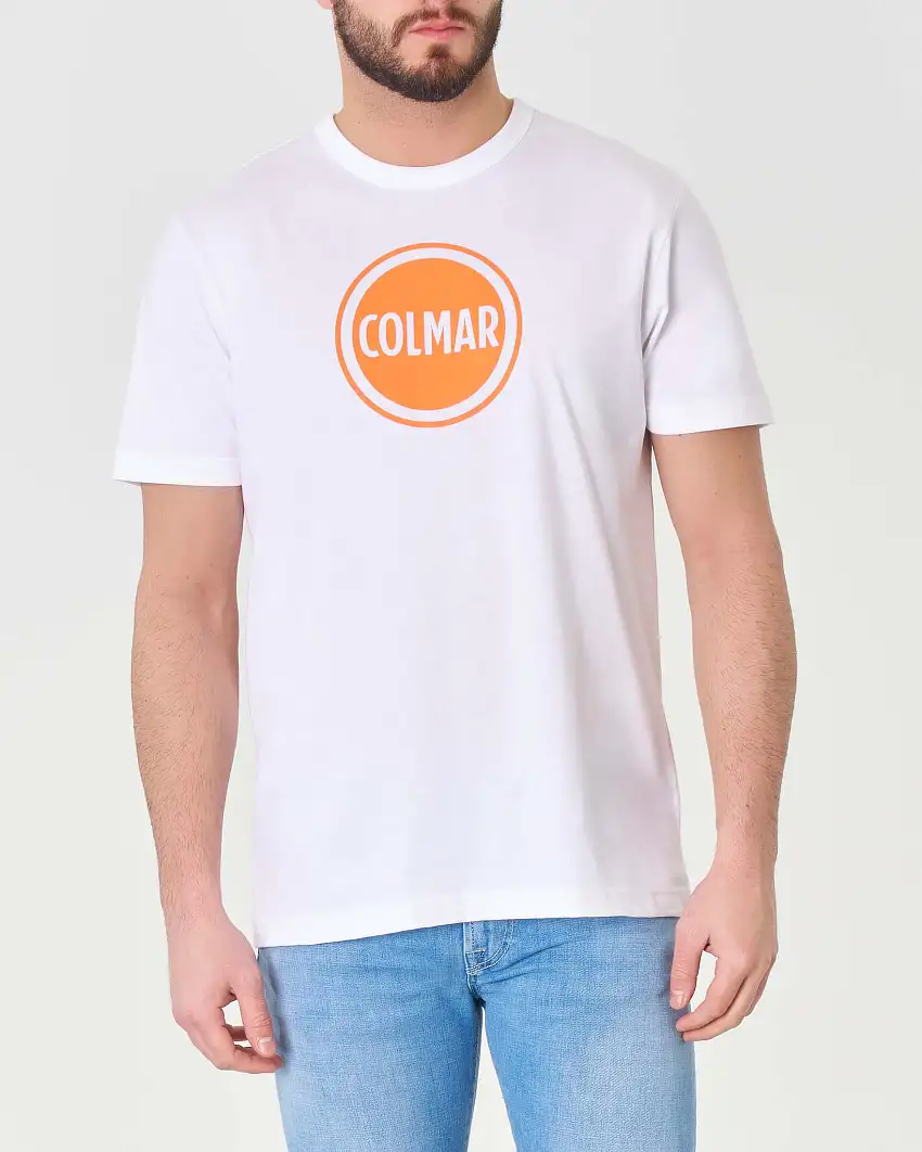 T-shirt bianca mezza manica con logo bollo arancione stampato sul petto