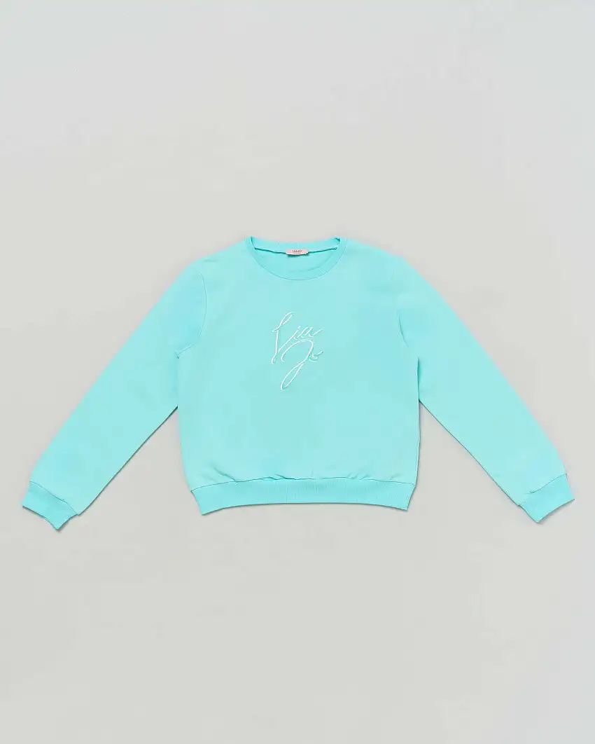 Felpa verde acqua girocollo in cotone stretch con stampa logo glitterata