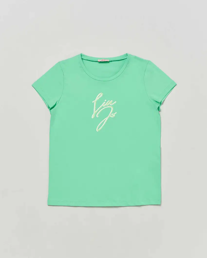 T-shirt verde mezza manica in cotone stretch con logo glitterato