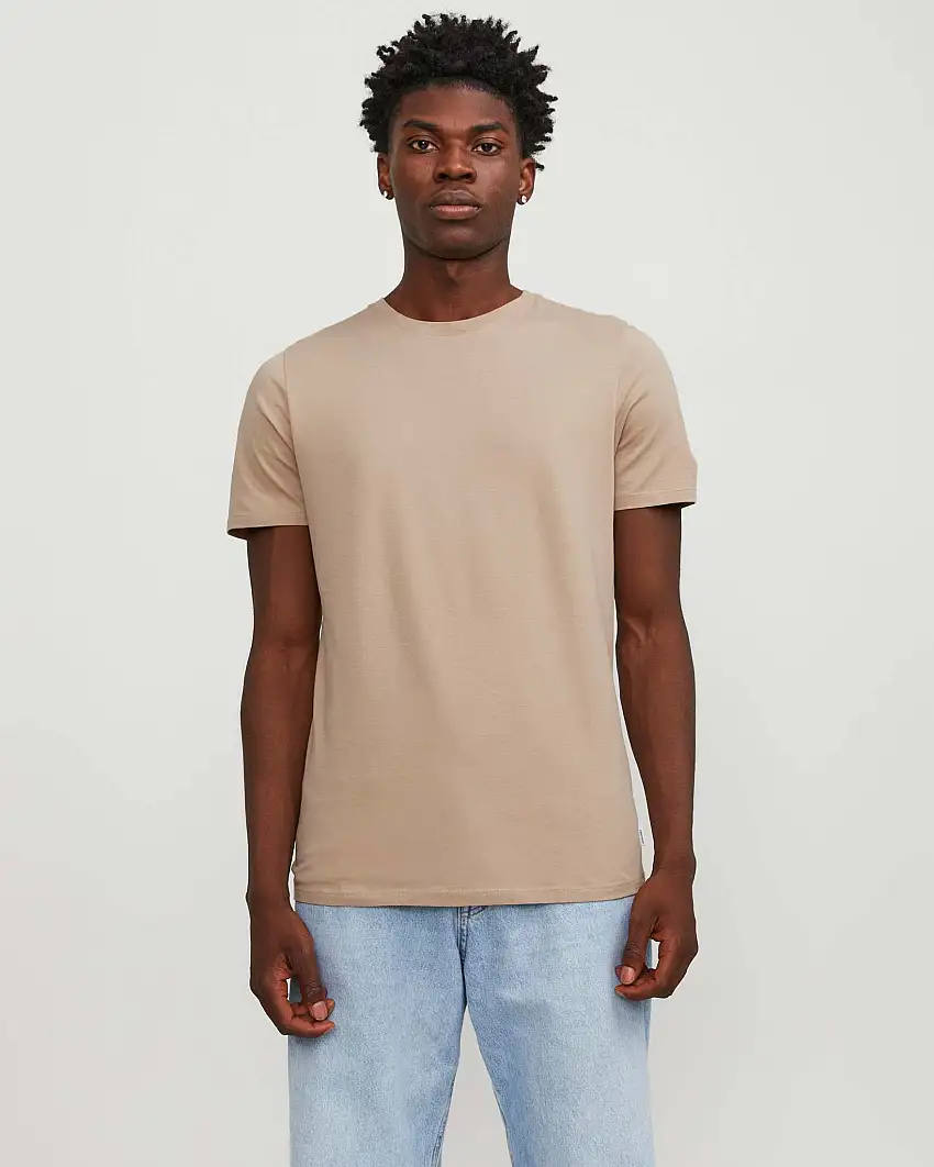 T-shirt tinta unita beige regular-fit in puro cotone con scollo a giro