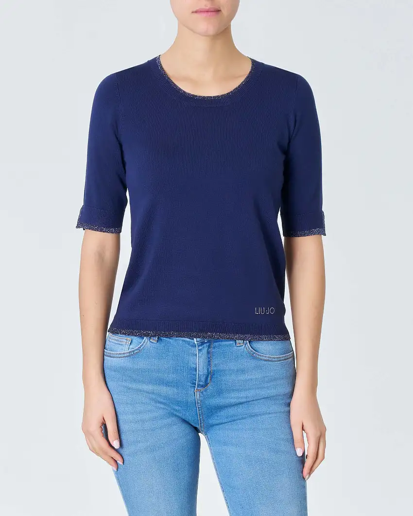 Maglia a mezze maniche blu slim-fit in viscosa con profili in lurex e logo in strass applicati