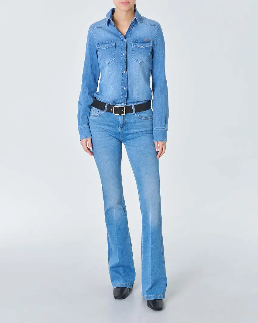 Jeans a zampa Bottom-up a vita media in cotone streth lavaggio chiaro super stone washed