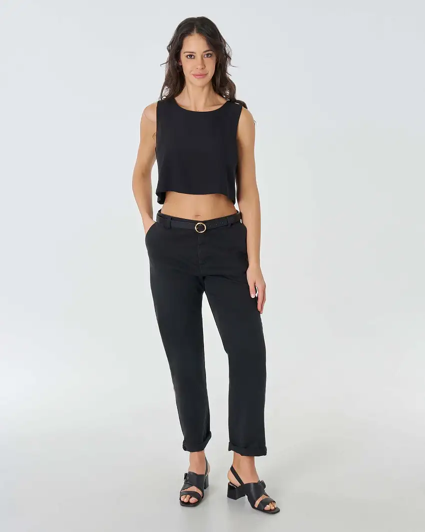 Crop top nero in cady senza maniche